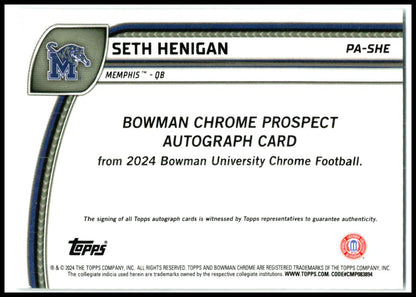 2024 Bowman University Chrome Autographs #PA-SHE Seth Henigan Auto Memphis