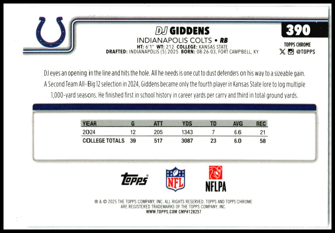 2025 Topps Chrome Prism Refractor #390 DJ Giddens Rookie Indianapolis Colts