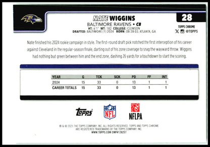 2025 Topps Chrome Green Wave Refractor #28 Nate Wiggins #/99 Baltimore Ravens