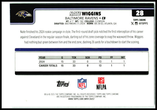 2025 Topps Chrome Green Wave Refractor #28 Nate Wiggins #/99 Baltimore Ravens