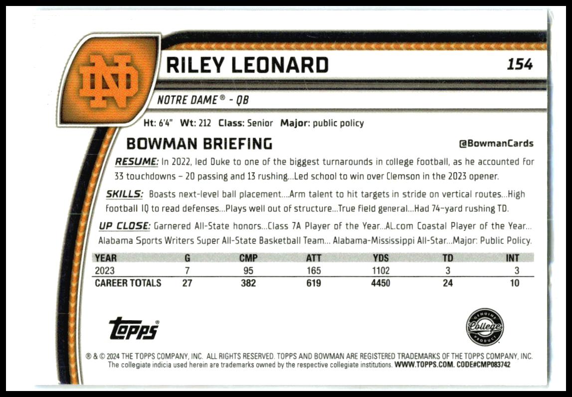 2024 Bowman University Chrome Blue Refractor #154 Riley Leonard Colts