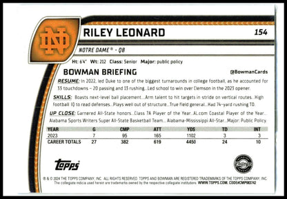 2024 Bowman University Chrome Blue Refractor #154 Riley Leonard Colts