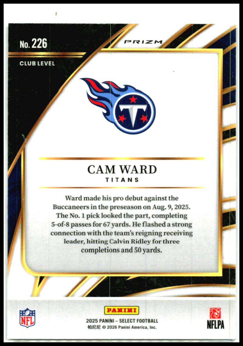 2025 Panini Select Red and Blue Prizm Shock #226 Cam Ward Tennessee Titans