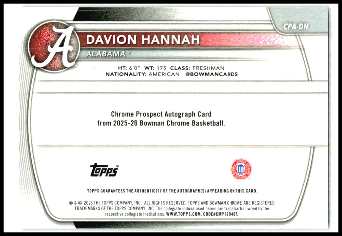 2025-26 Bowman Chrome Reptilian Green Auto #/99 #BCP-46 Davion Hannah Alabama