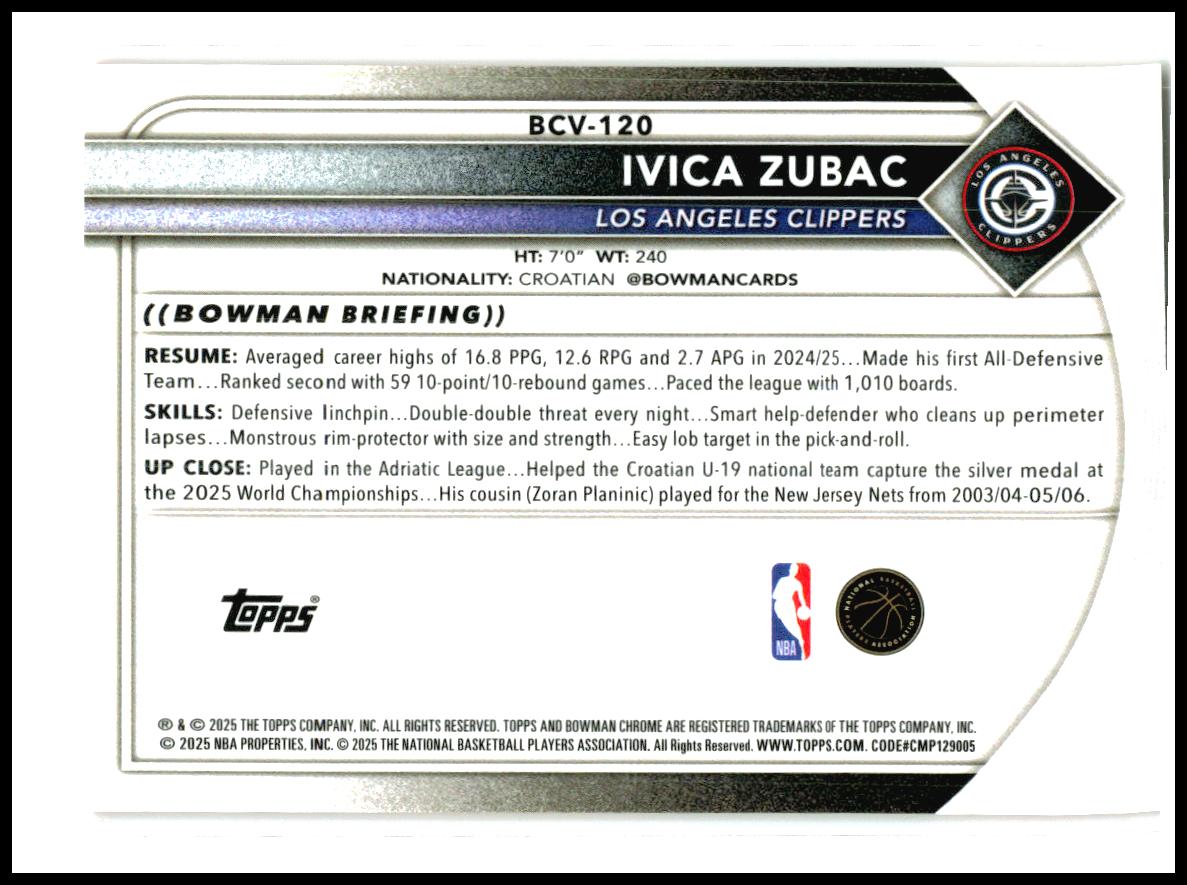 2025-26 Bowman Chrome Orange Mojo Refractors #BCV-120 Ivica Zubac Clippers