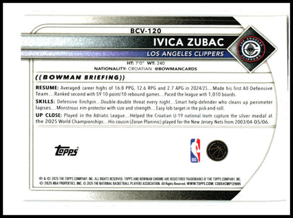 2025-26 Bowman Chrome Orange Mojo Refractors #BCV-120 Ivica Zubac Clippers
