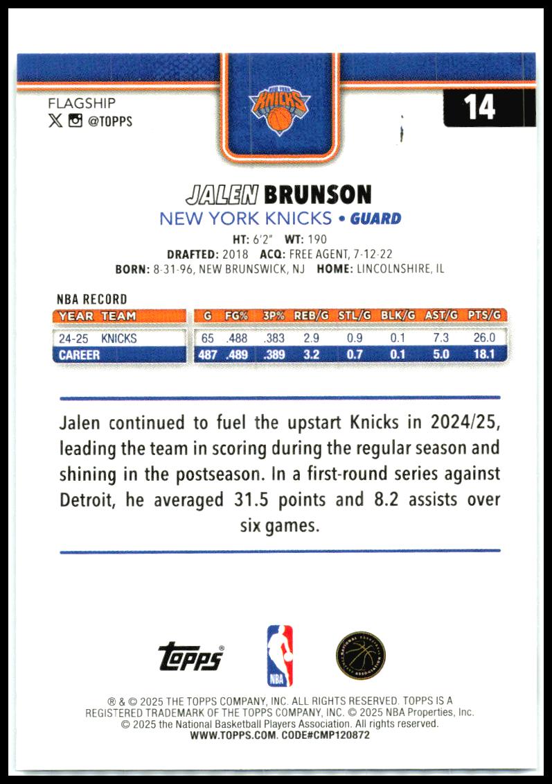 2025-26 Topps Sandglitter #14 Jalen Brunson New York Knicks