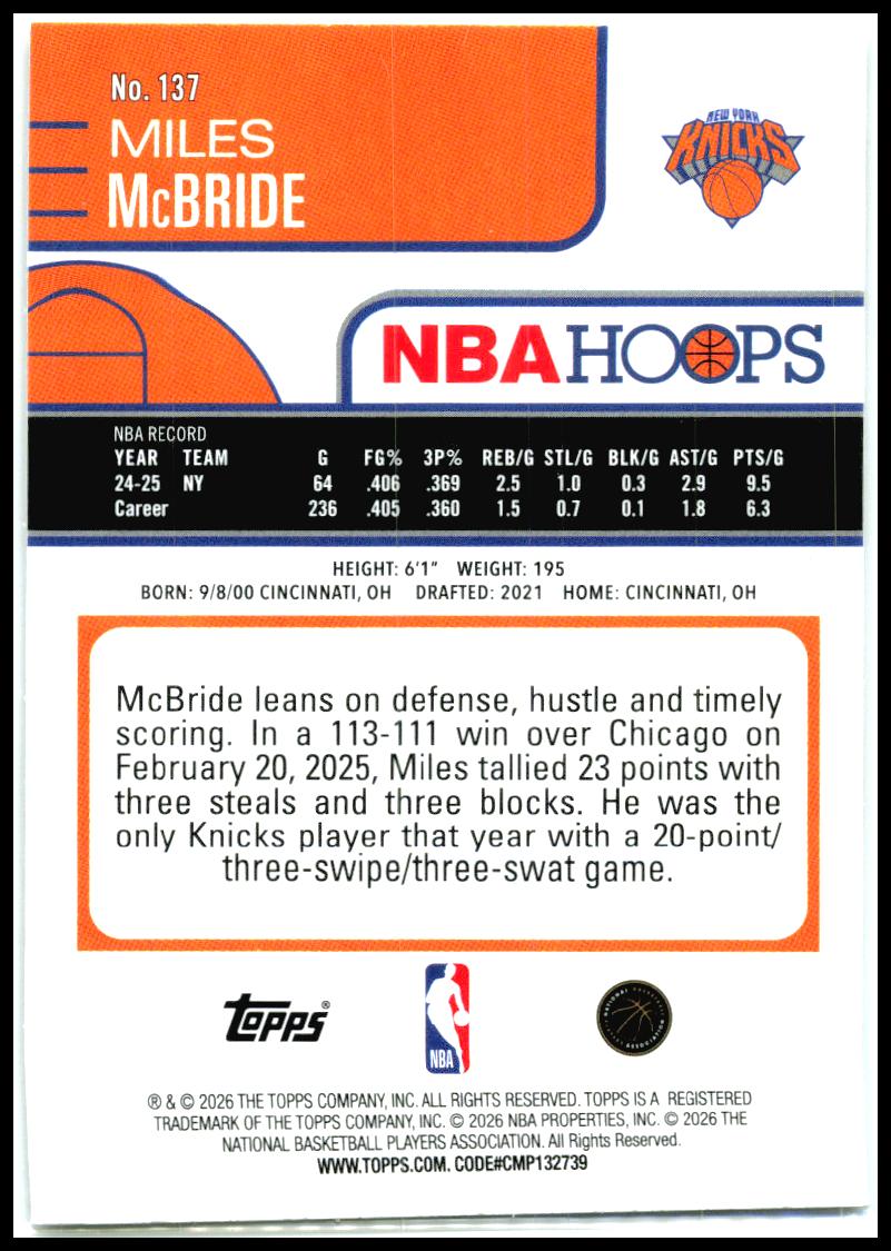 2025-26 Hoops #137 Miles McBride New York Knicks