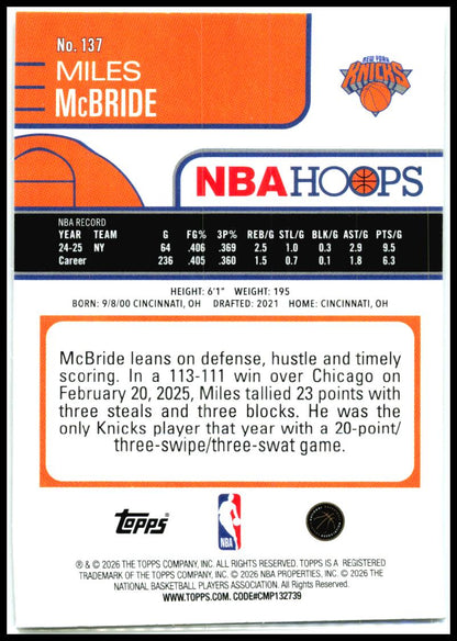 2025-26 Hoops #137 Miles McBride New York Knicks