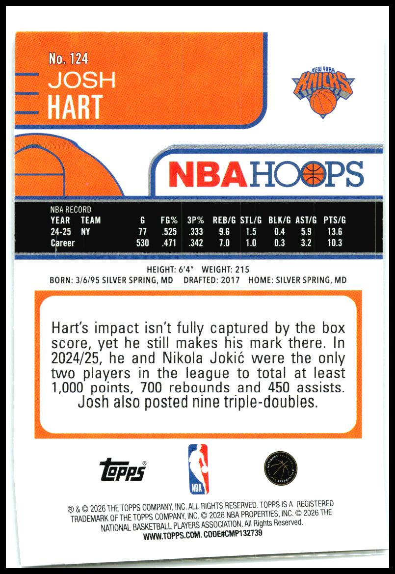 2025-26 Hoops #124 Josh Hart New York Knicks
