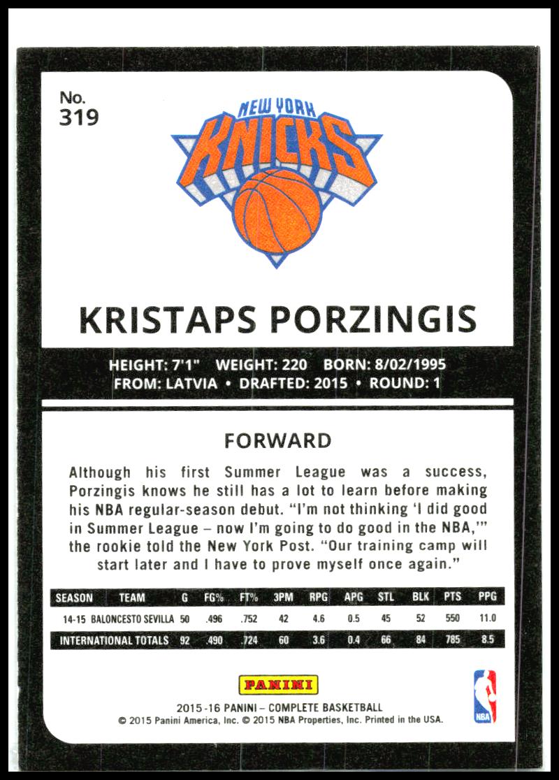 2015-16 Panini Complete #319 Kristaps Porzingis Rookie New York Knicks