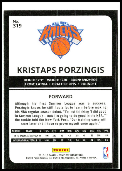 2015-16 Panini Complete #319 Kristaps Porzingis Rookie New York Knicks