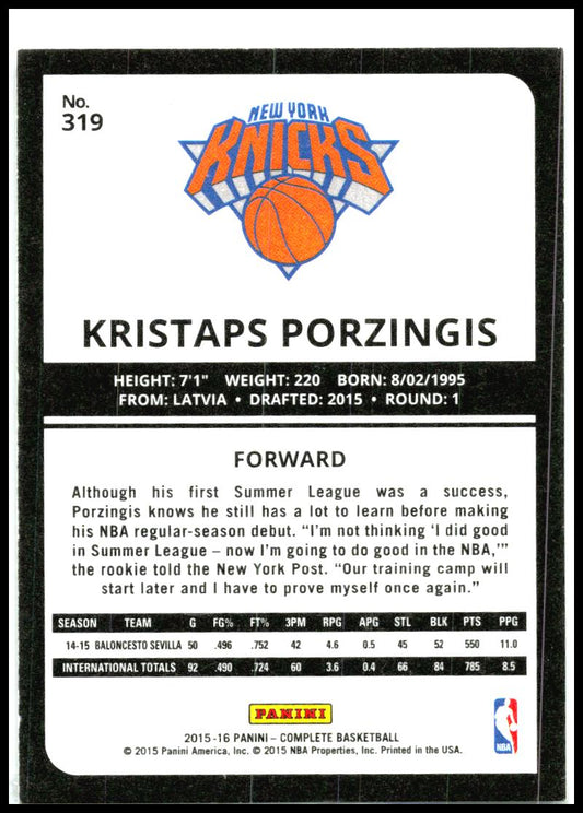 2015-16 Panini Complete #319 Kristaps Porzingis Rookie New York Knicks