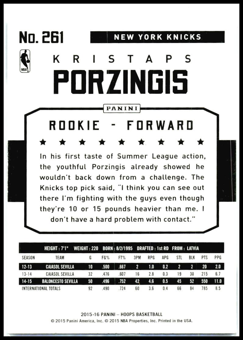 2015-16 Hoops #261 Kristaps Porzingis Rookie New York Knicks