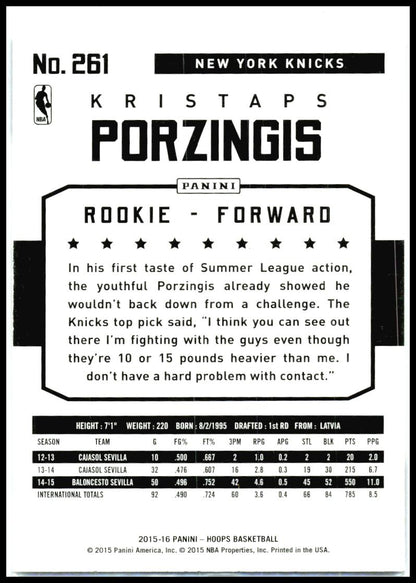 2015-16 Hoops #261 Kristaps Porzingis Rookie New York Knicks