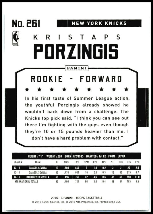 2015-16 Hoops #261 Kristaps Porzingis Rookie New York Knicks