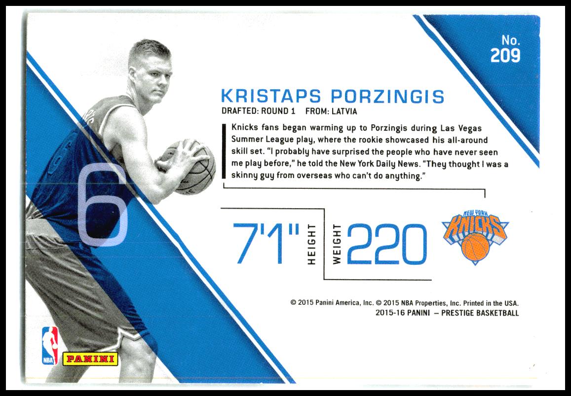2015-16 Panini Prestige #209 Kristaps Porzingis Rookie New York Knicks