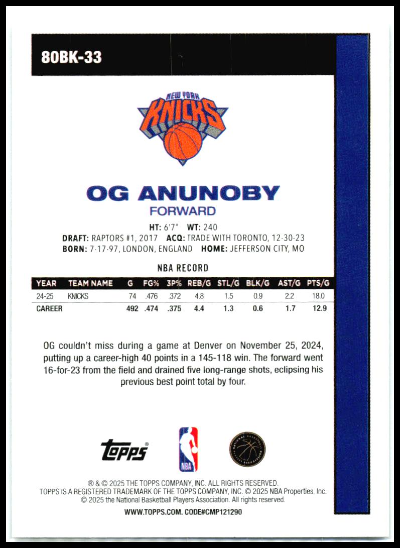 2025-26 Topps 1980-81 Topps Basketball #80BK-33 OG Anunoby New York Knicks