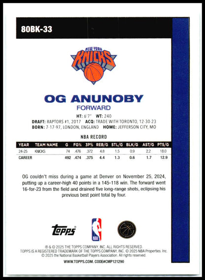 2025-26 Topps 1980-81 Topps Basketball #80BK-33 OG Anunoby New York Knicks