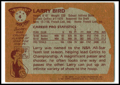 1981-82 Topps #4 Larry Bird Boston Celtics