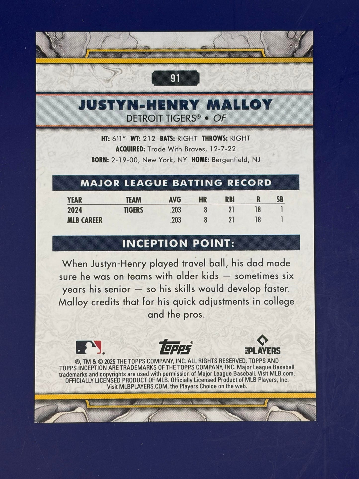 2025 Topps Inception #91 Justyn-Henry Malloy Rookie Detroit Tigers