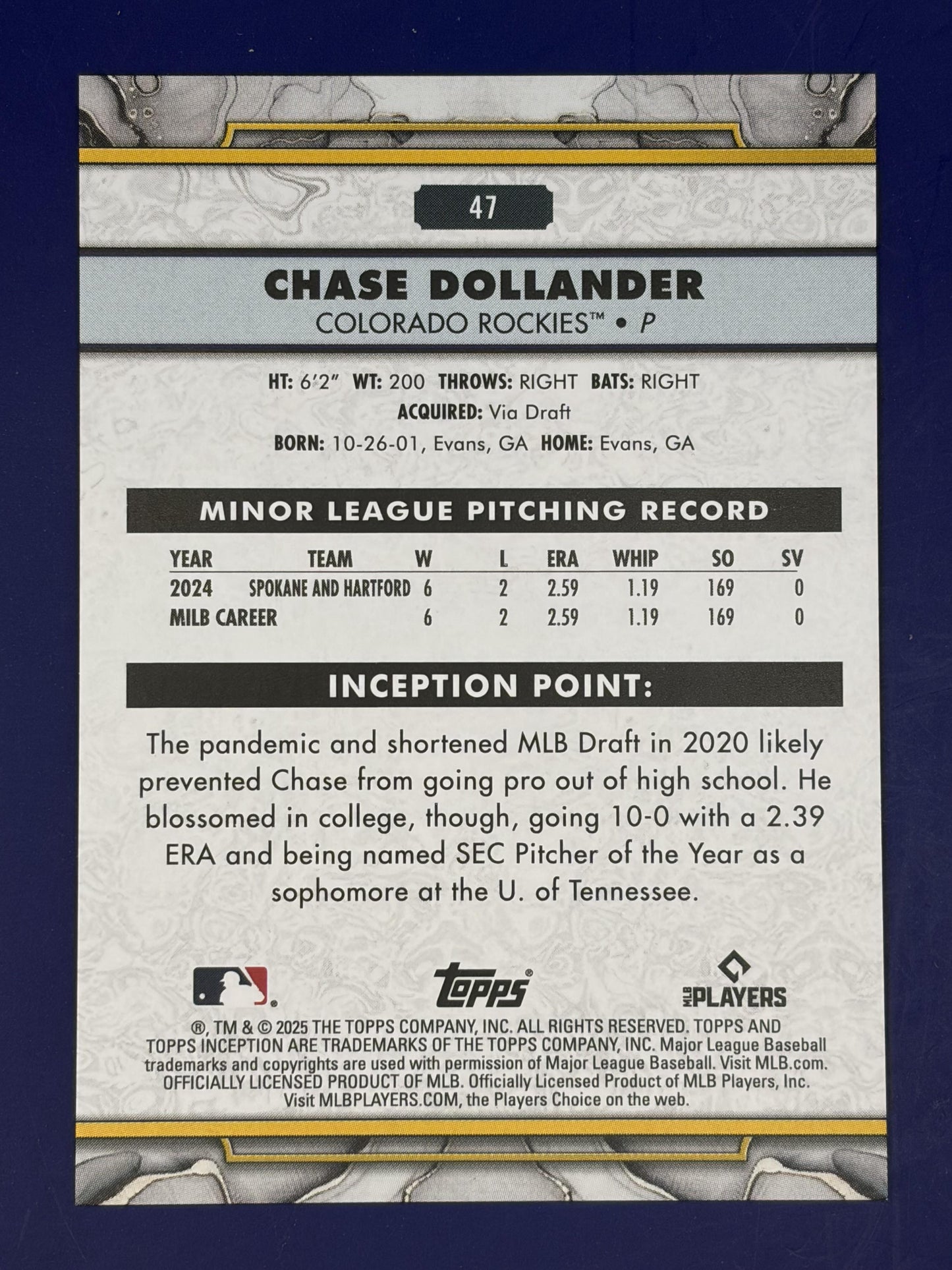 2025 Topps Inception #47 Chase Dollander Rookie Colorado Rockies