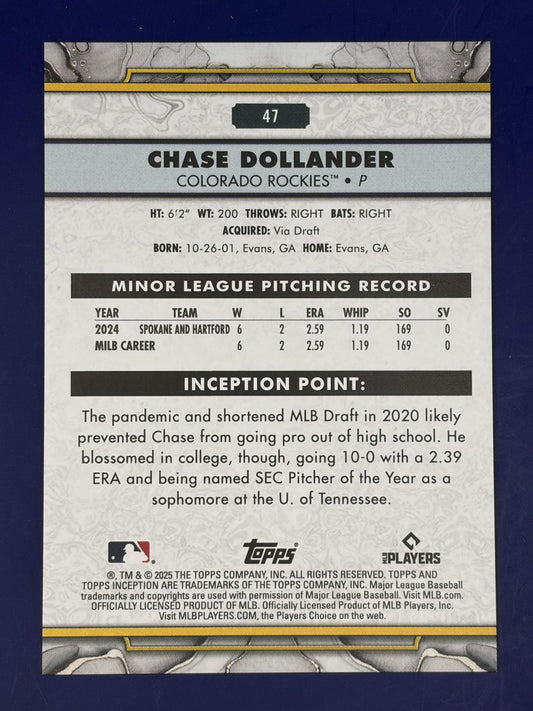 2025 Topps Inception #47 Chase Dollander Rookie Colorado Rockies