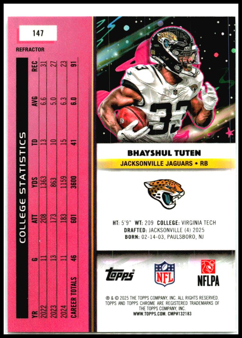 2025 Topps Chrome Cosmic Refractor #147 Bhayshul Tuten Rookie Jaguars
