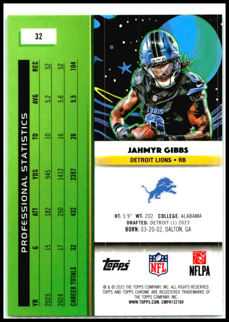 2025 Topps Chrome Cosmic Blue Moon Refractor #32 Jahmyr Gibbs #/99 Detroit Lions