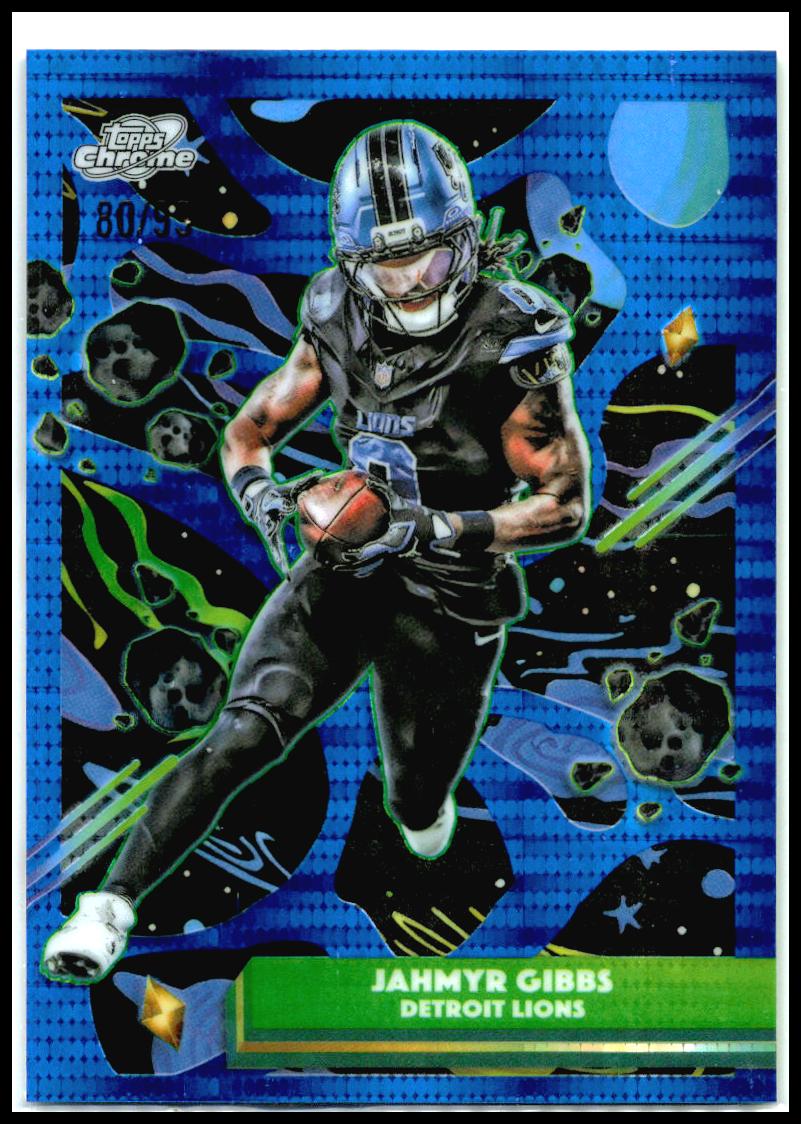 2025 Topps Chrome Cosmic Blue Moon Refractor #32 Jahmyr Gibbs #/99 Detroit Lions
