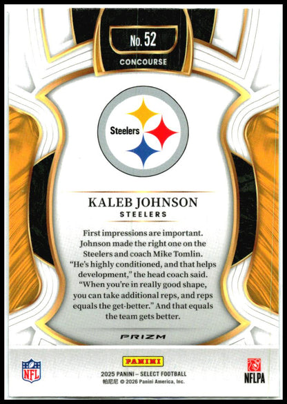 2025 Panini Select Zebra Prizm Shock #52 Kaleb Johnson Rookie Steelers