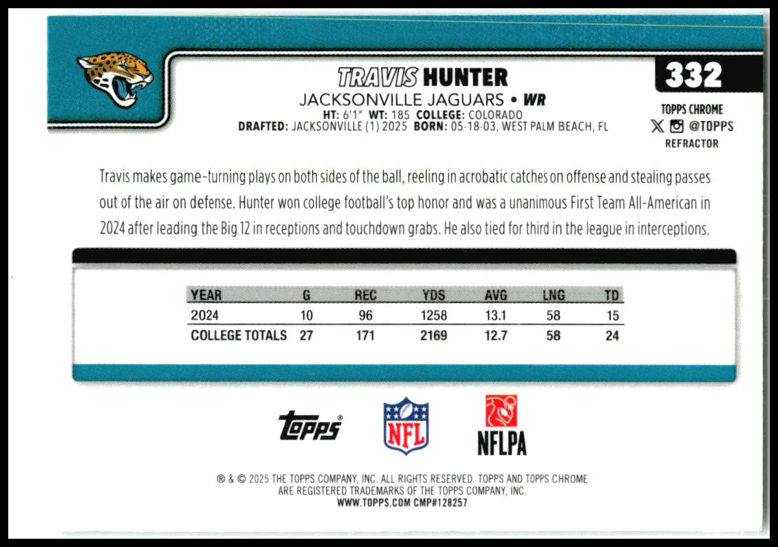 2025 Topps Chrome Refractor #332 Travis Hunter Rookie Jacksonville Jaguars