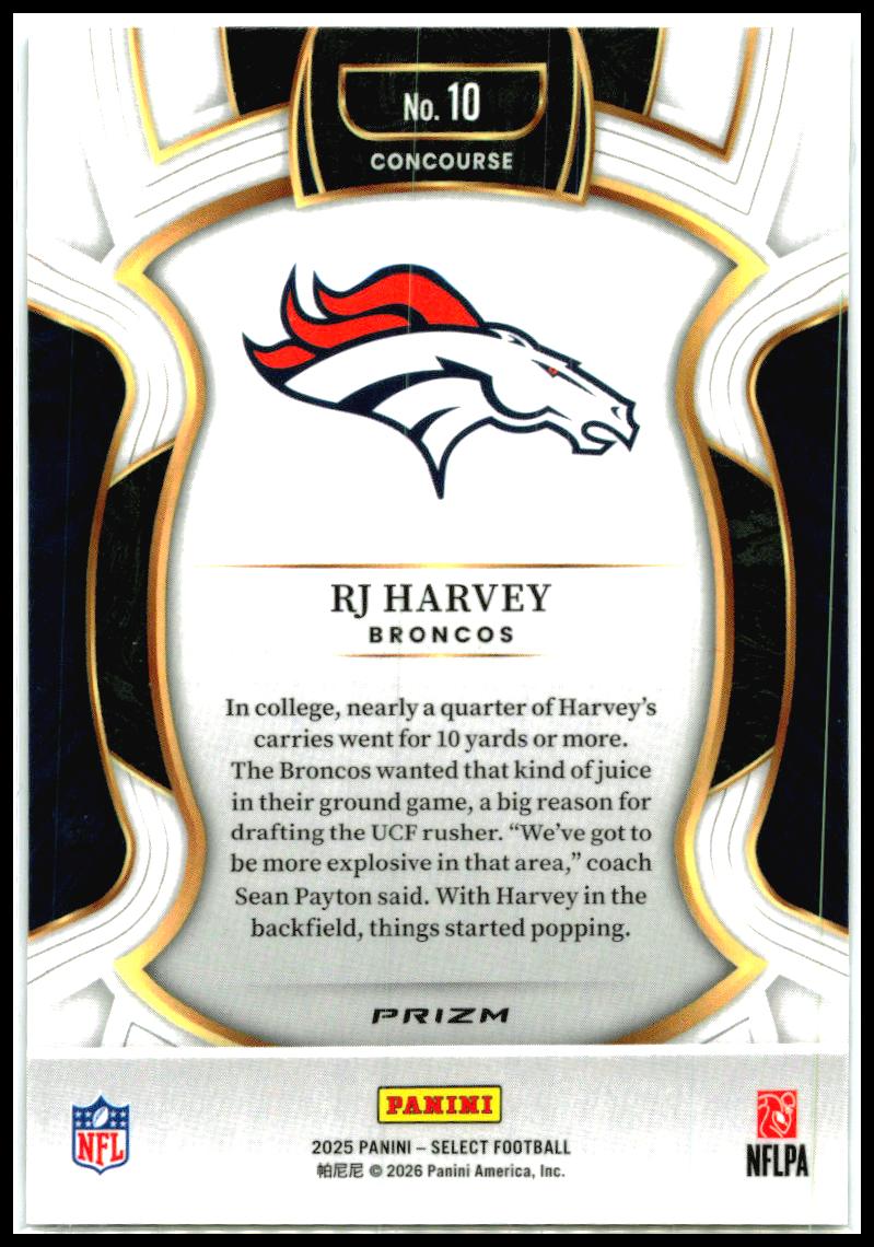 2025 Panini Select Zebra Prizm Shock #10 RJ Harvey Denver Broncos