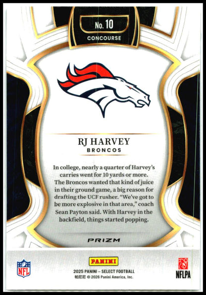 2025 Panini Select Zebra Prizm Shock #10 RJ Harvey Denver Broncos