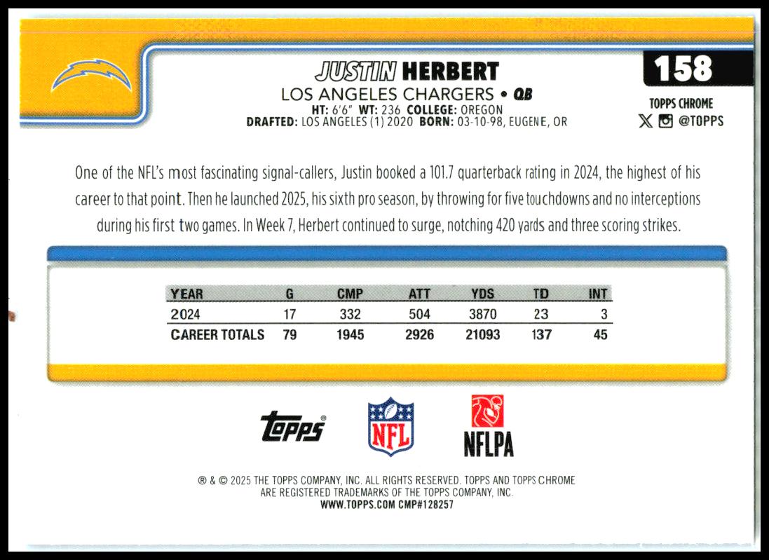 2025 Topps Chrome Blue Refractor #158 Justin Herbert #/150 Los Angeles Chargers
