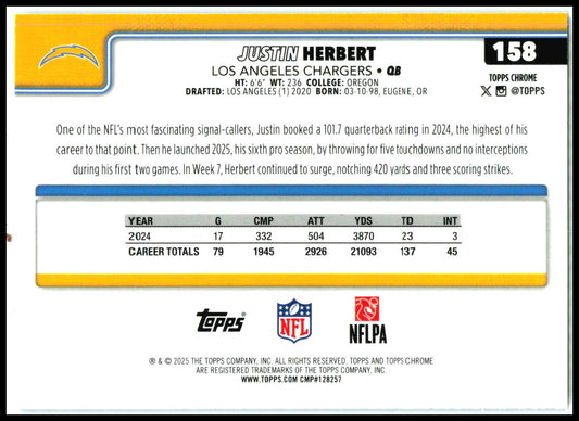 2025 Topps Chrome Blue Refractor #158 Justin Herbert #/150 Los Angeles Chargers