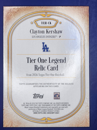 2026 Topps Tier One Relic #/199 #TILR-CK Clayton Kershaw Dodgers