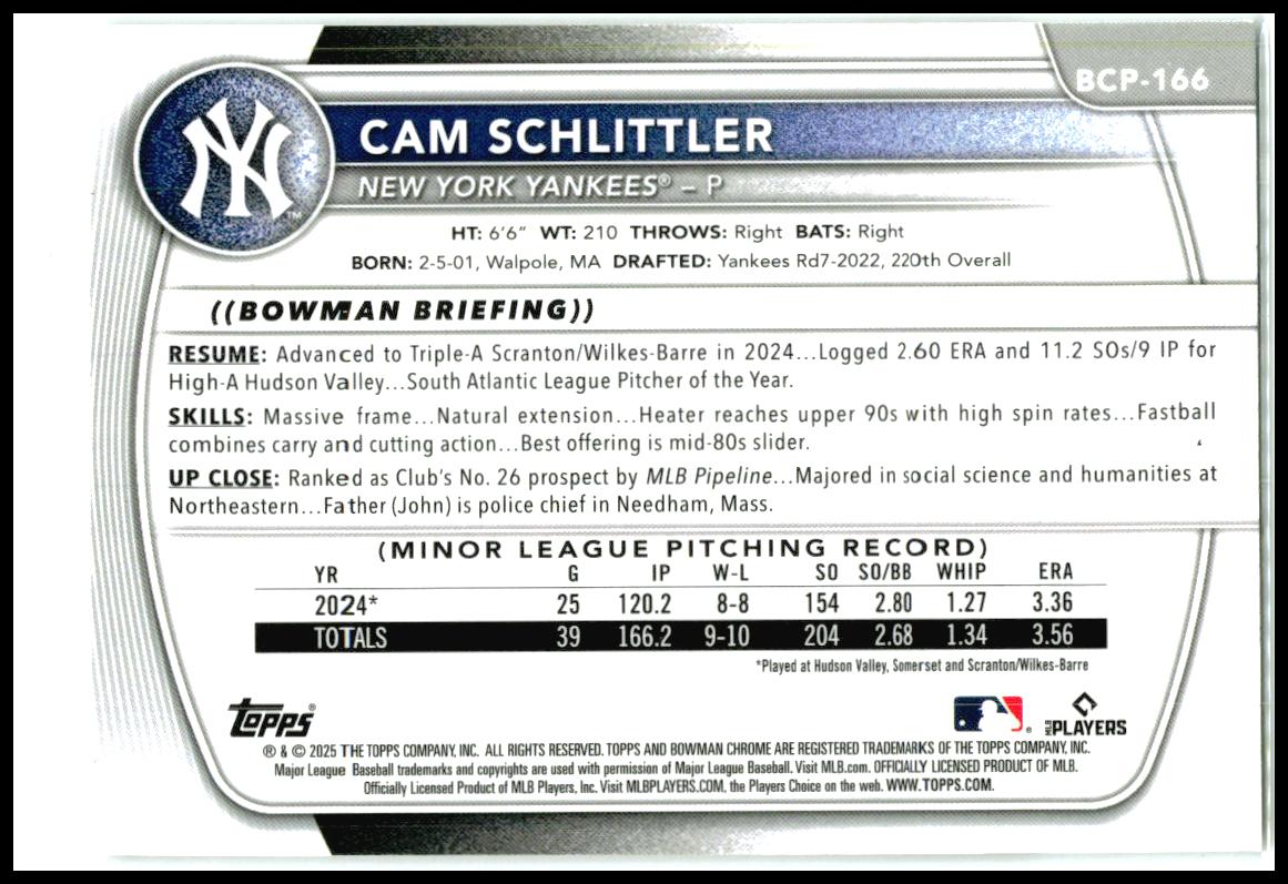 2025 Bowman Chrome Prospects Mojo #BCP-166 Cam Schlittler New York Yankees