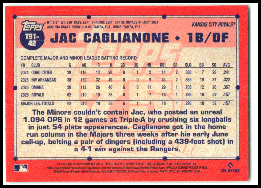 2026 Topps 1991 Topps 35th Anniversary Green #/99 #T91-42 Jac Caglianone Royals
