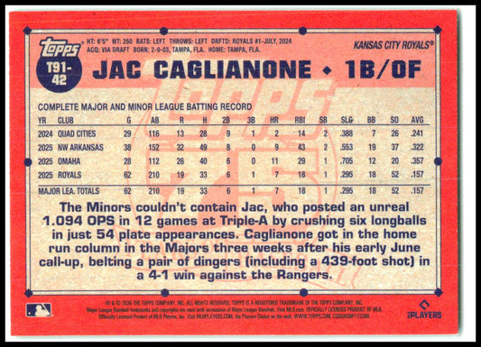 2026 Topps 1991 Topps 35th Anniversary Green #/99 #T91-42 Jac Caglianone Royals