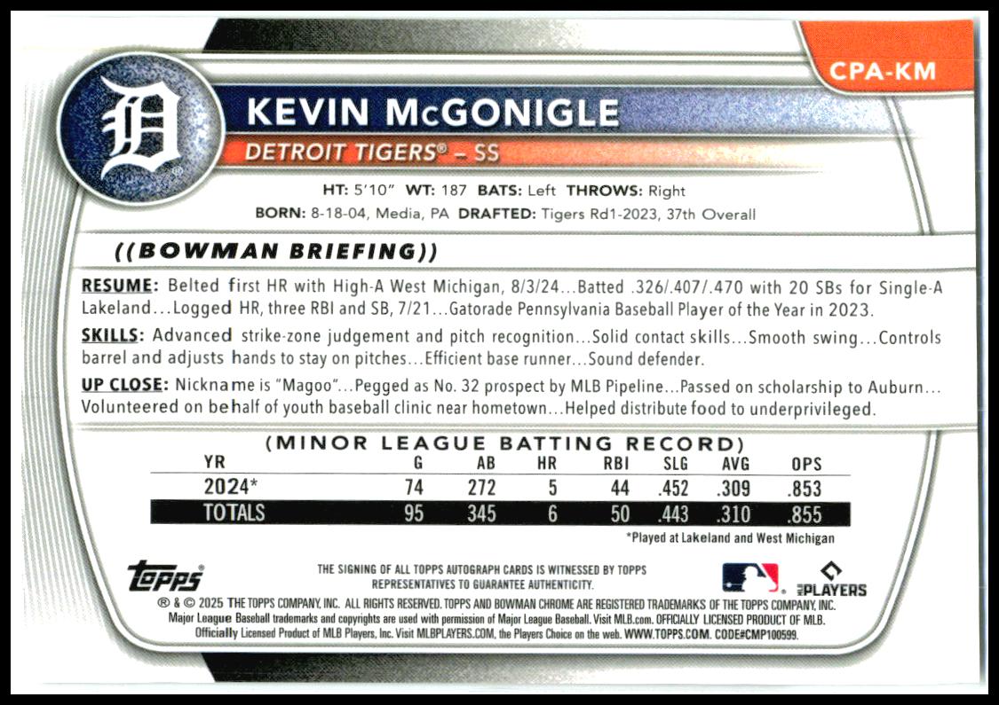 2025 Bowman Chrome Prospect Autographs #CPA-KM Kevin McGonigle Auto Tigers