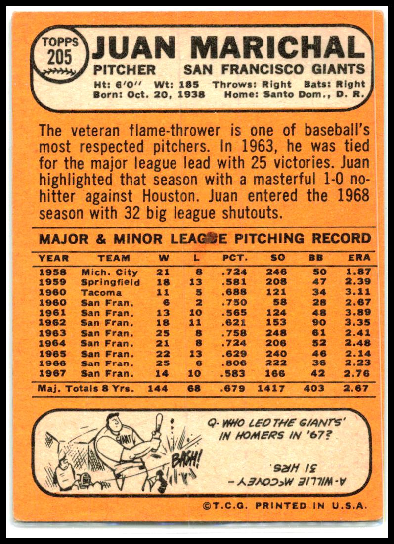 1968 Topps #205 Juan Marichal San Francisco Giants