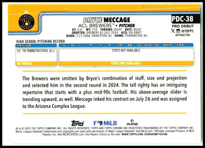 2025 Topps Pro Debut Chrome Refractor #PDC-38 Bryce Meccage #/199 ACL Brewers