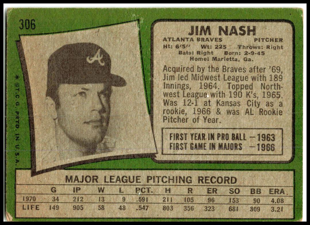 1971 Topps #306b Jim Nash Atlanta Braves