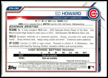 2021 Bowman Chrome Prospect Auto Green #/99 #CPA-EHO Ed Howard Auto Chicago Cubs