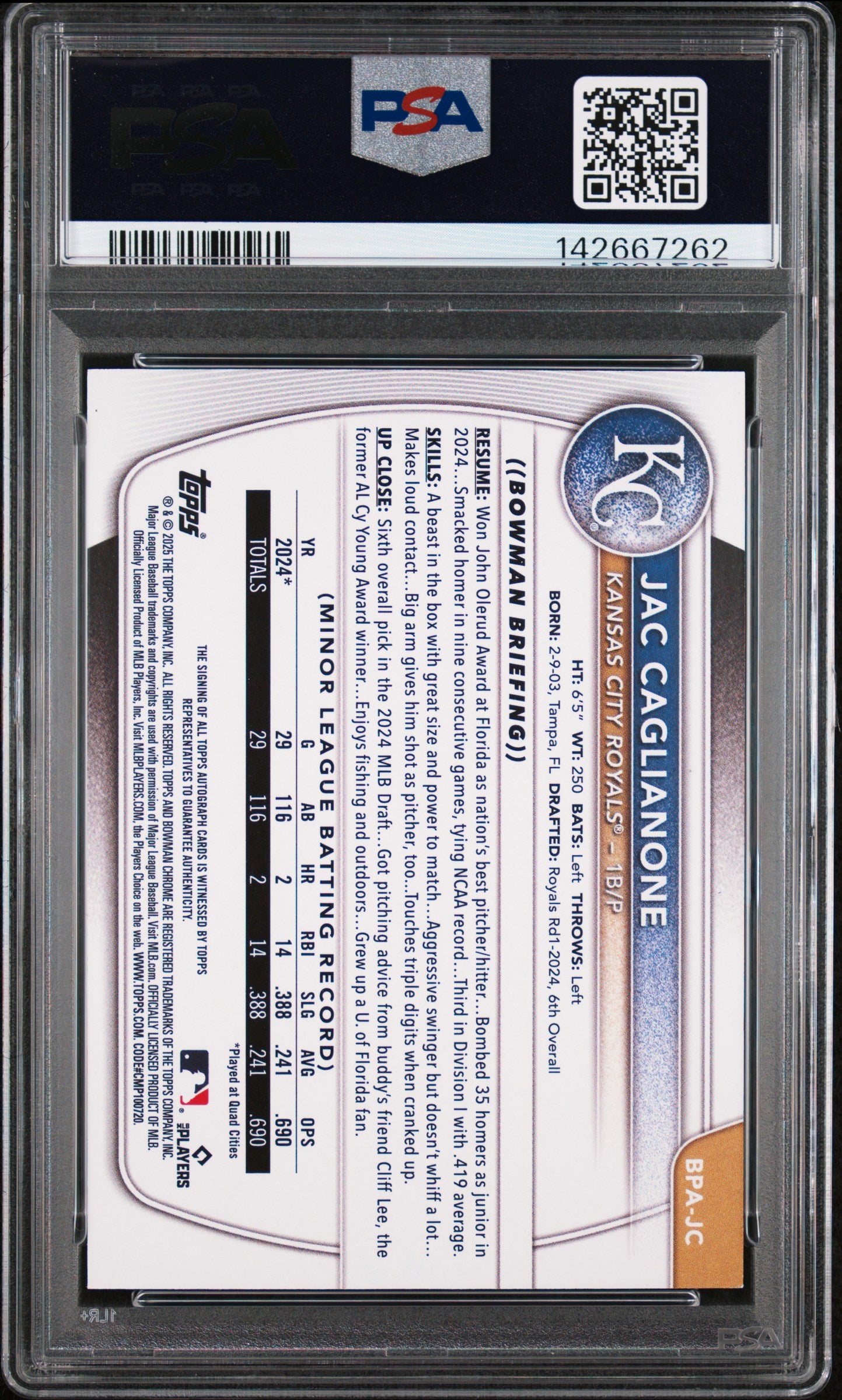 2025 Bowman Auto Blue /150 #BPAJC Jac Caglianone PSA 8