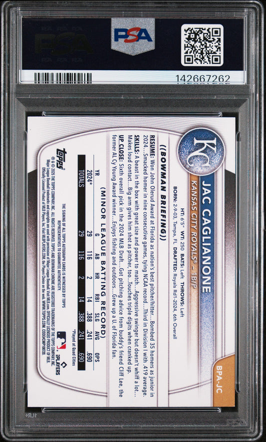 2025 Bowman Auto Blue /150 #BPAJC Jac Caglianone PSA 8