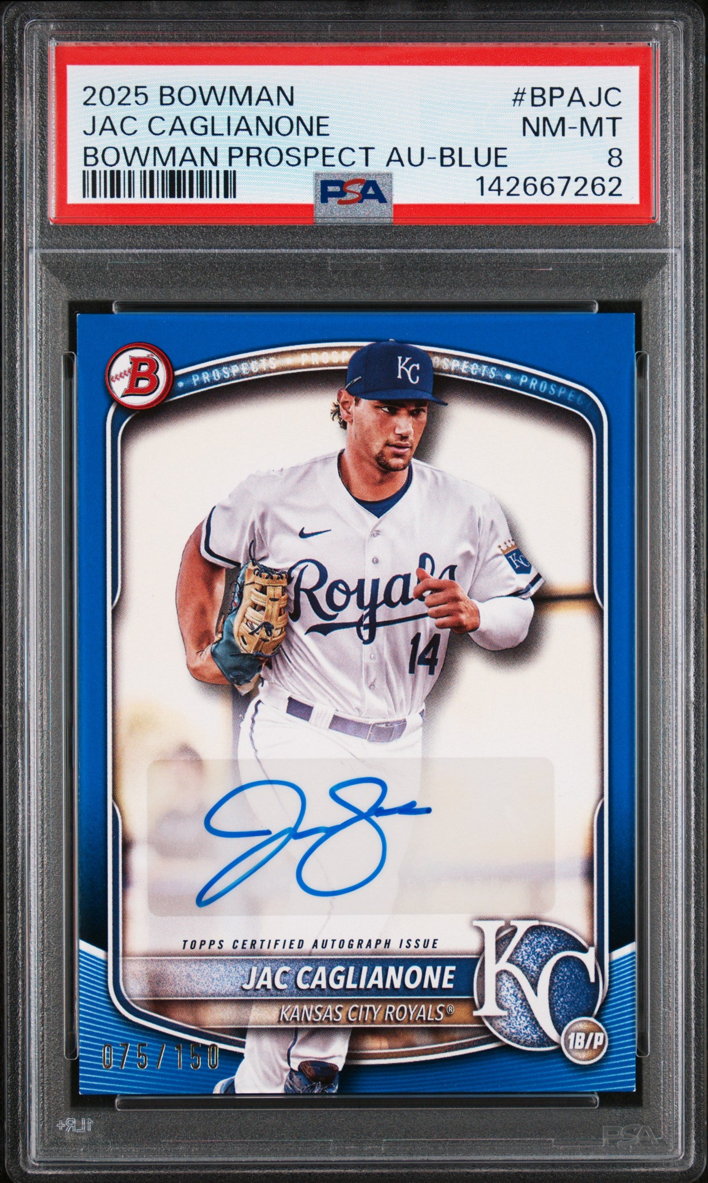 2025 Bowman Auto Blue /150 #BPAJC Jac Caglianone PSA 8