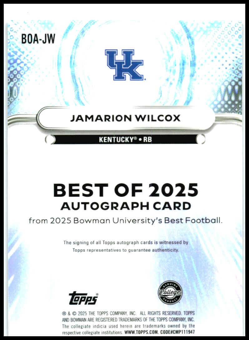 2025 Bowman U Best Best Of 2025 Auto Purple Lava #BOA-JW Jamarion Wilcox Auto