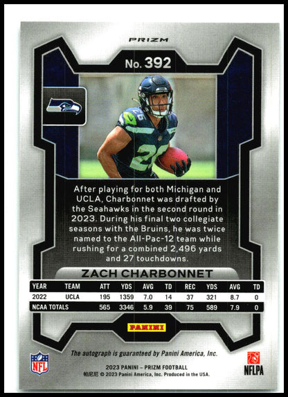 2023 Panini Prizm Rookie Auto Prizm No Huddle #392 Zach Charbonnet Auto Seattle